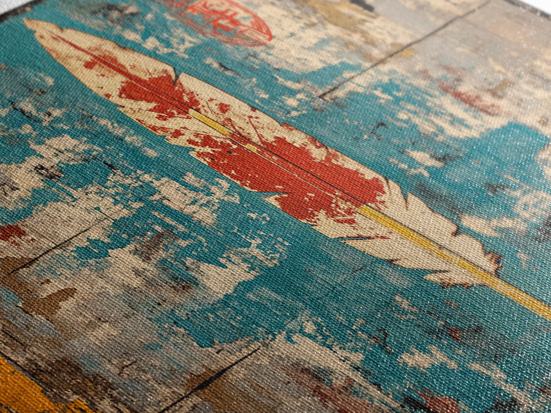 Red Feather On Turquoise Distressed Wall Art, Tribal Boho Canvas Print, Rustic Southwestern Decor, Unique Wall Decor Gift