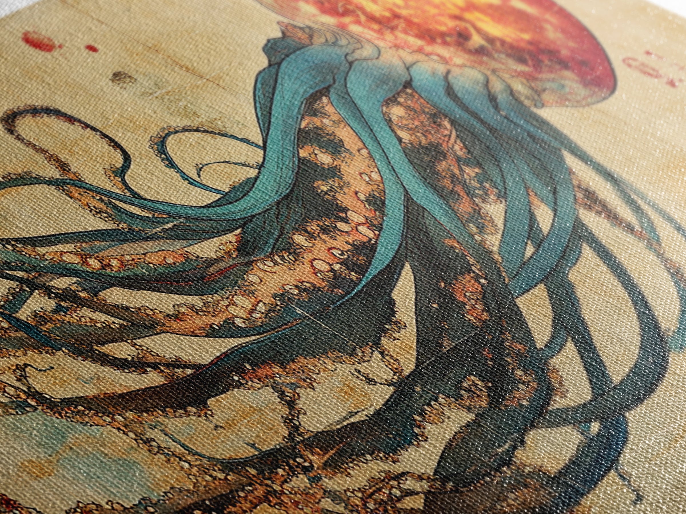 Giant Squid With Red Sun Japanese Wall Art, Octopus Canvas Print For Marine Life Decor, Coastal Statement Artwork For Living Room Decor