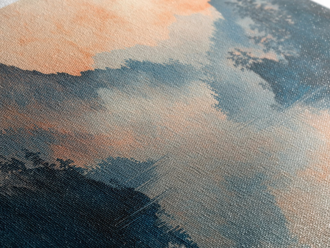 Misty Mountain Lake Sunrise Wall Art, Japanese Landscape Art Print, Serene Nature Decor, Large Horizontal Living Room Decor
