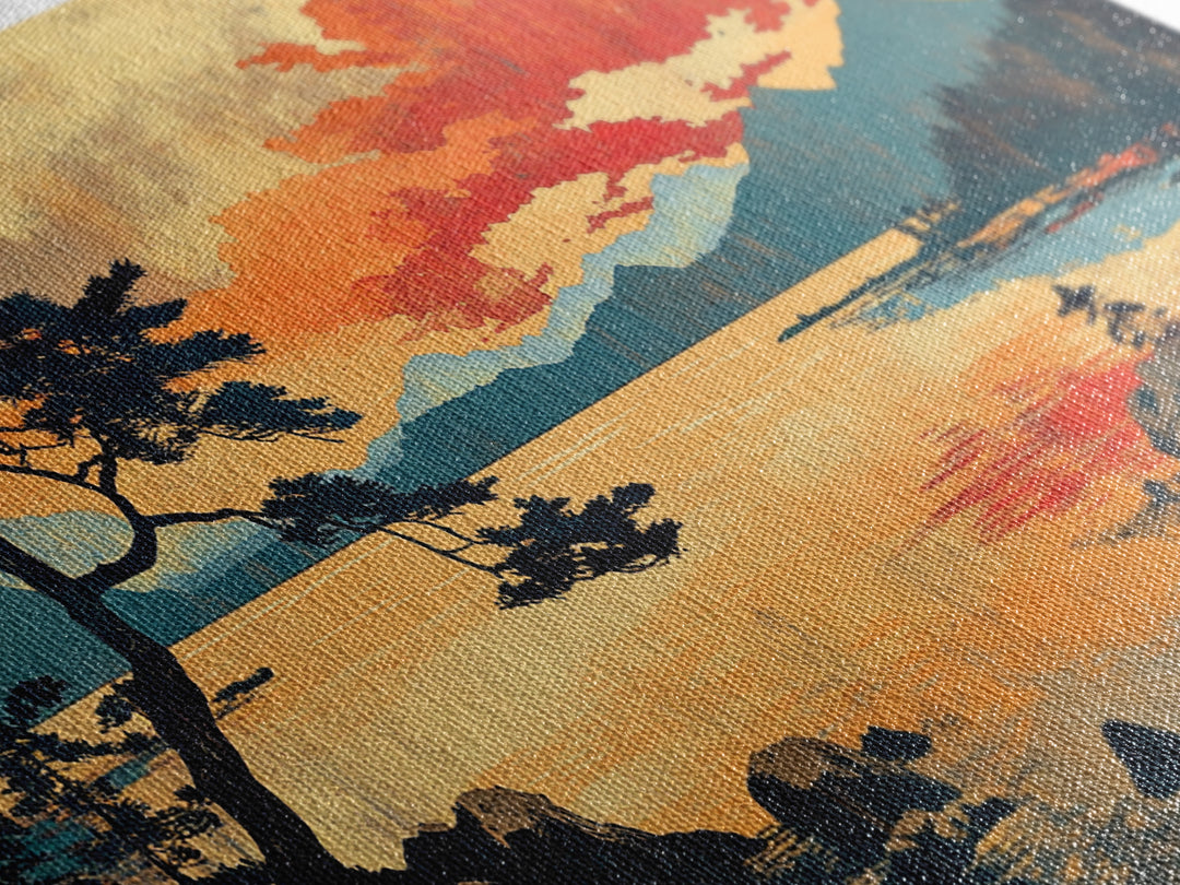 Orange Sunset Pine Lake Wall Art, Japanese Woodblock Landscape Print, Rustic Cabin Decor, Large Nature Art For Living Room