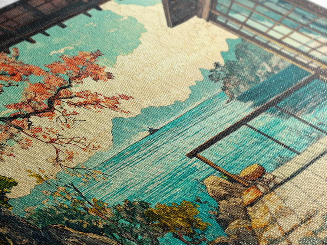 Japanese Seaside Veranda Canvas Print, Turquoise Ocean Wall Art, Zen Coastal Home Decor, Japandi Living Room Wall Decor Art