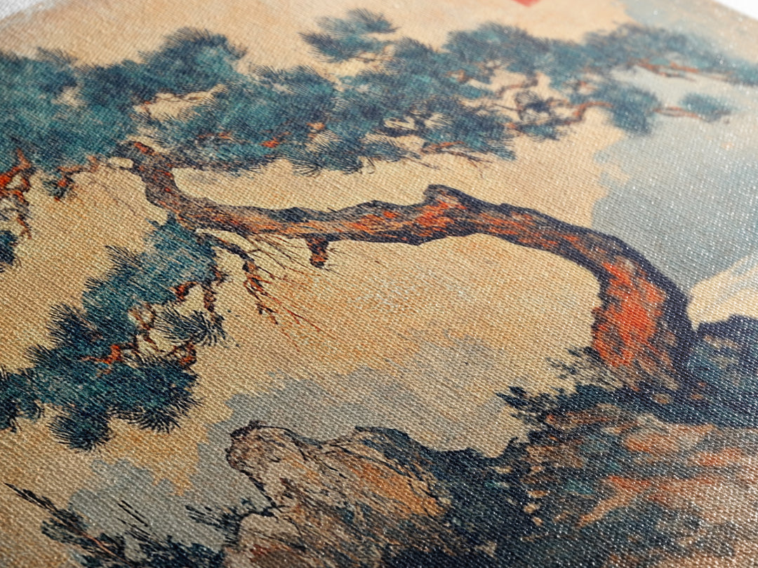 Windswept Pine Tree Wall Art, Japanese Ink Landscape Print, Zen Nature Decor, Minimalist Coastal Framed Canvas Print, Serene Home Decor