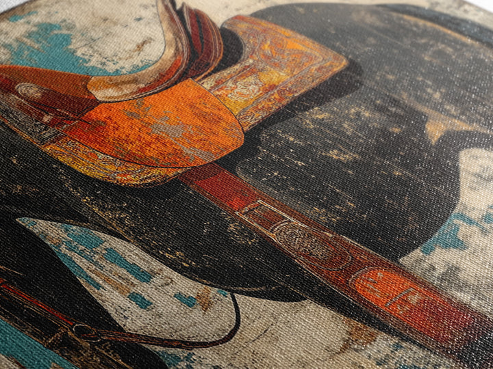 Black Horse With Orange Western Saddle Wall Art, Rustic Ranch Decor, Equestrian Art Print, Cowboy Living Room Decor Gift