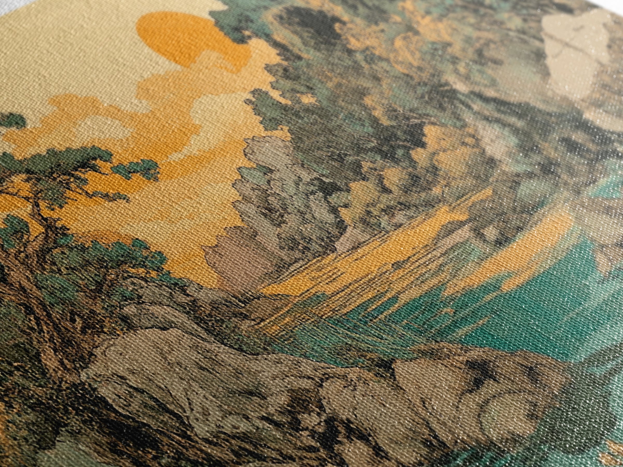 Golden River Valley Landscape Wall Art, Japanese Mountain Canvas Print, Serene Nature Decor, Japandi Living Room Art Gift
