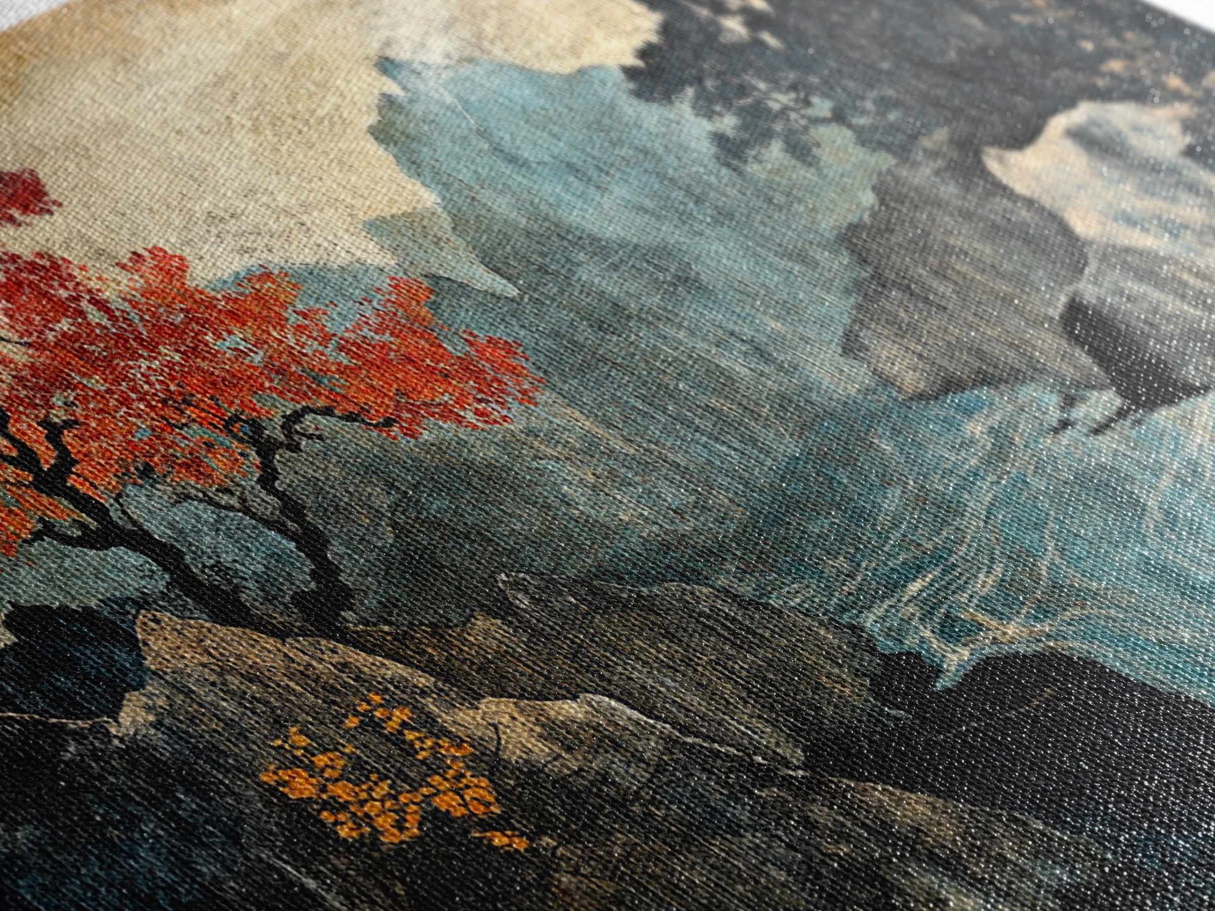 Autumn Mountain Lake Framed Canvas Print, Japanese Landscape Wall Art, Moody Nature Decor, Red Tree Japandi Wall Decor Gift