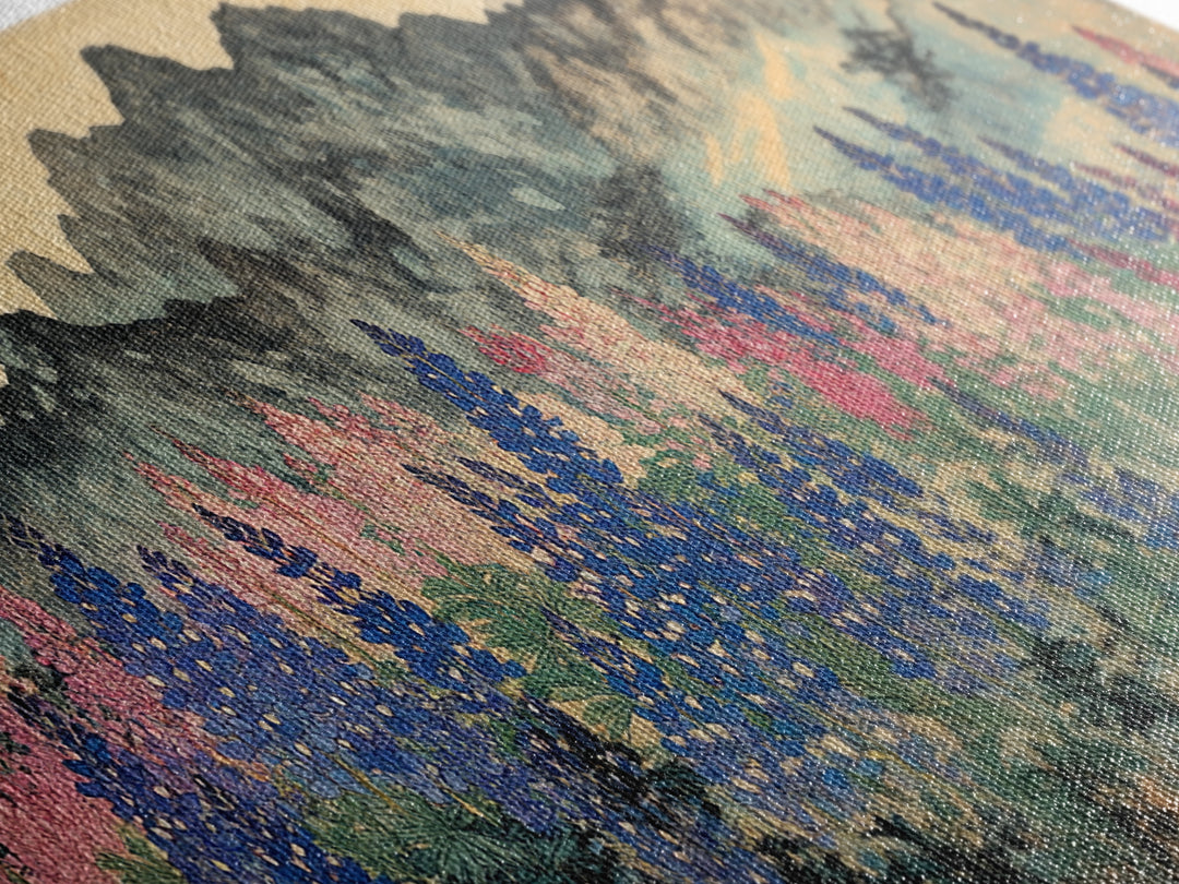 Colorful Lupine Meadow Below Ink Mountains Wall Art, Japanese Landscape Print, Botanical Home Decor, Large Living Room Wall Art