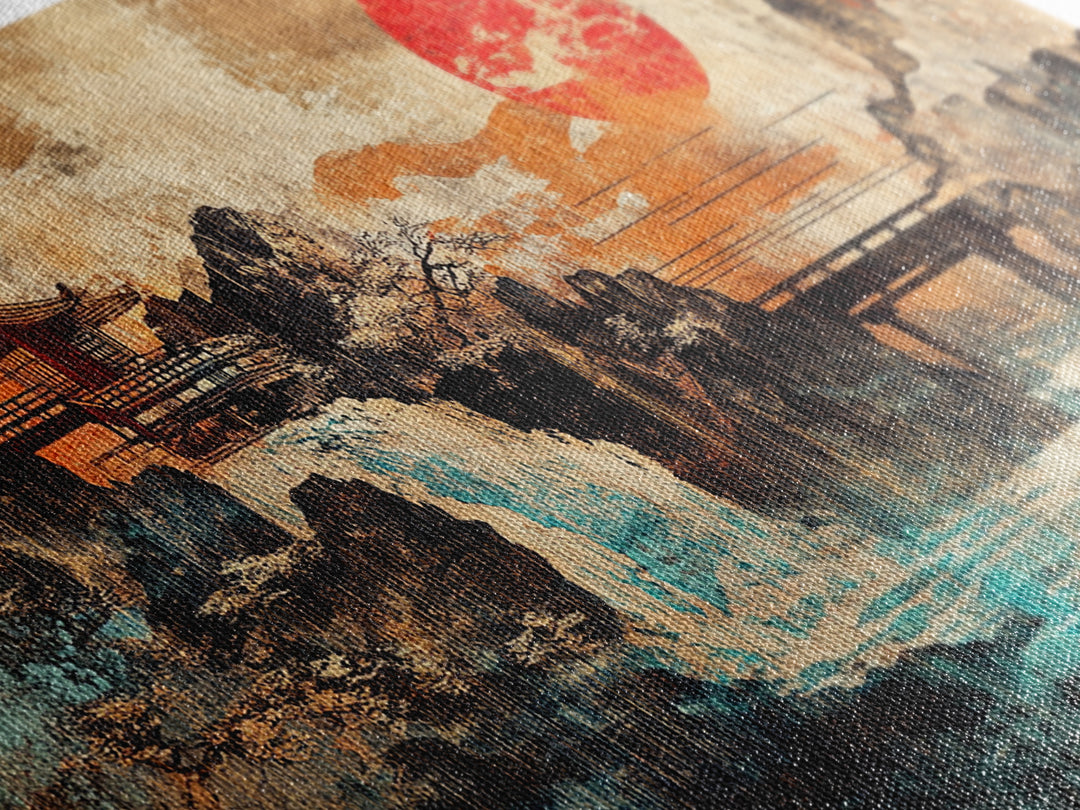 Red Sun Temple Waterfall Over Mountain Lake Wall Art, Japanese Landscape Canvas Print, Asian Zen Decor, Large Living Room Art