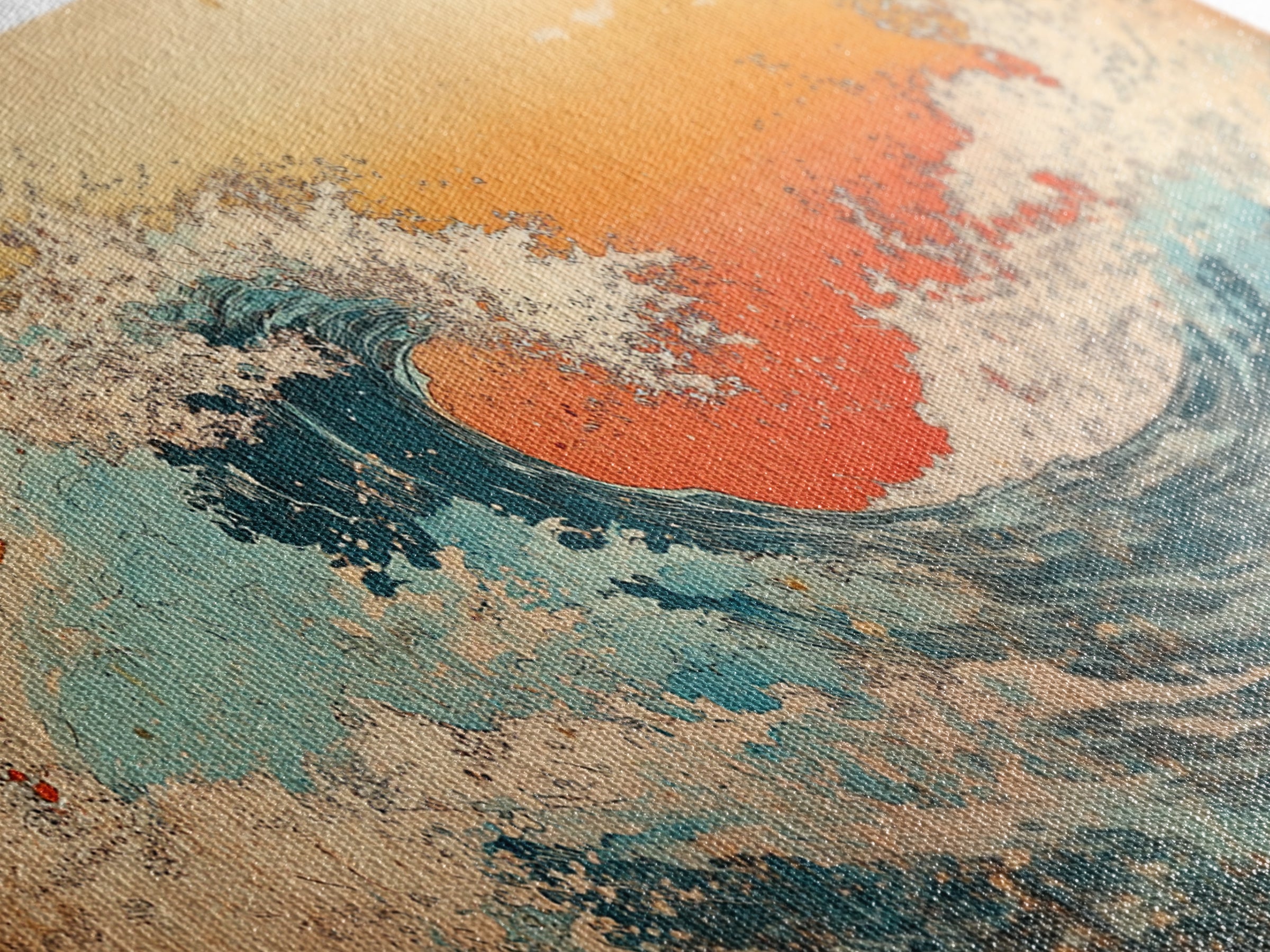 Curling Turquoise Wave, Orange Sky Canvas Print, Japanese Ocean Wall Art, Coastal Bathroom Decor, Beach House Gift, Living Room Decor