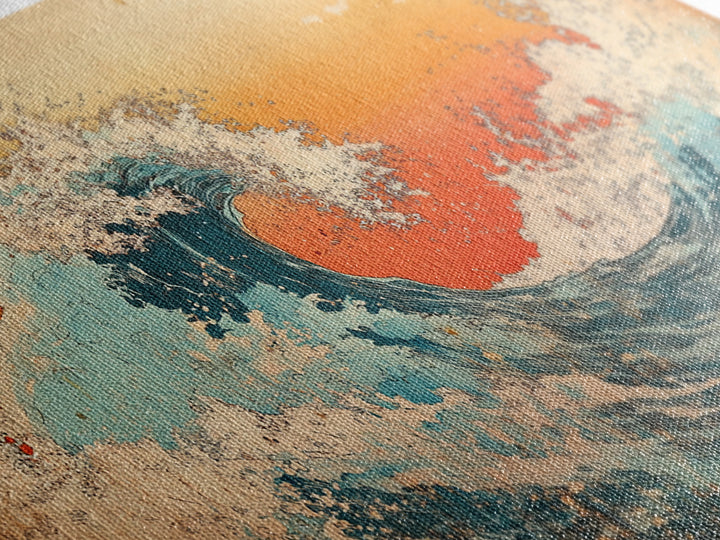 Curling Turquoise Wave, Orange Sky Canvas Print, Japanese Ocean Wall Art, Coastal Bathroom Decor, Beach House Gift, Living Room Decor