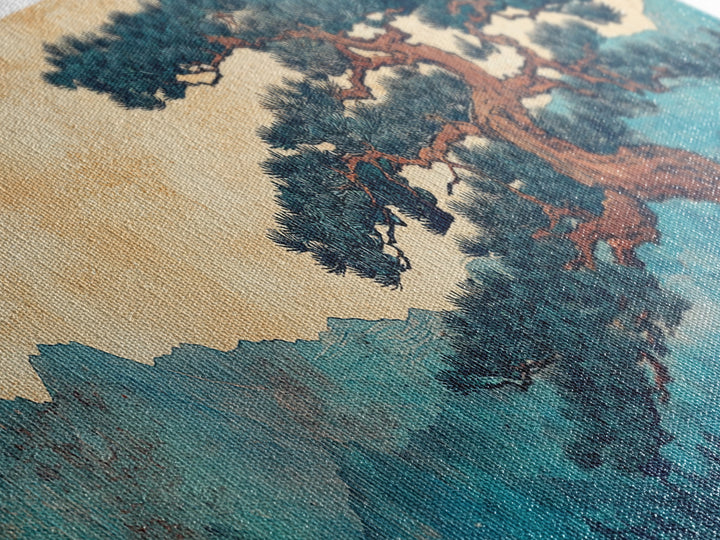 Ancient Pine Mountain Landscape Wall Art, Japanese Nature Canvas Print, Blue Forest Decor, Japandi Wall Art, Large Horizontal Print