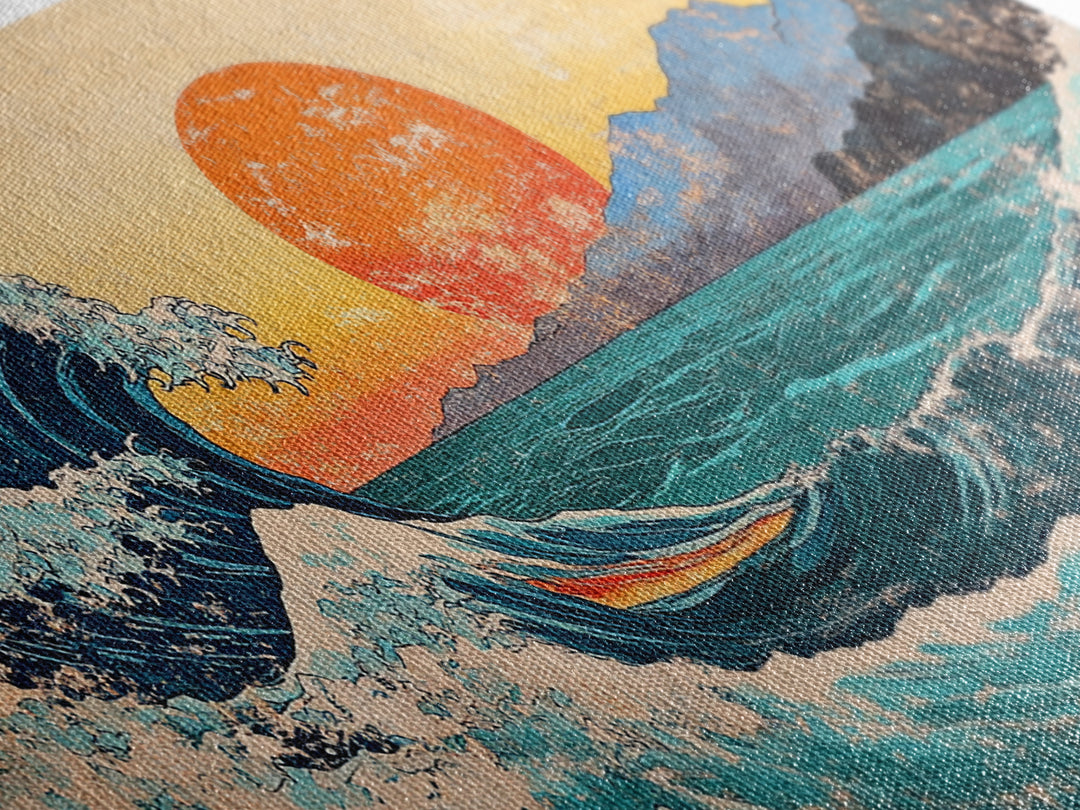 Great Wave With Orange Sun Canvas Print, Japanese Ocean Wall Art, Coastal Landscape Decor For Living Room Above Sofa Housewarming Gift