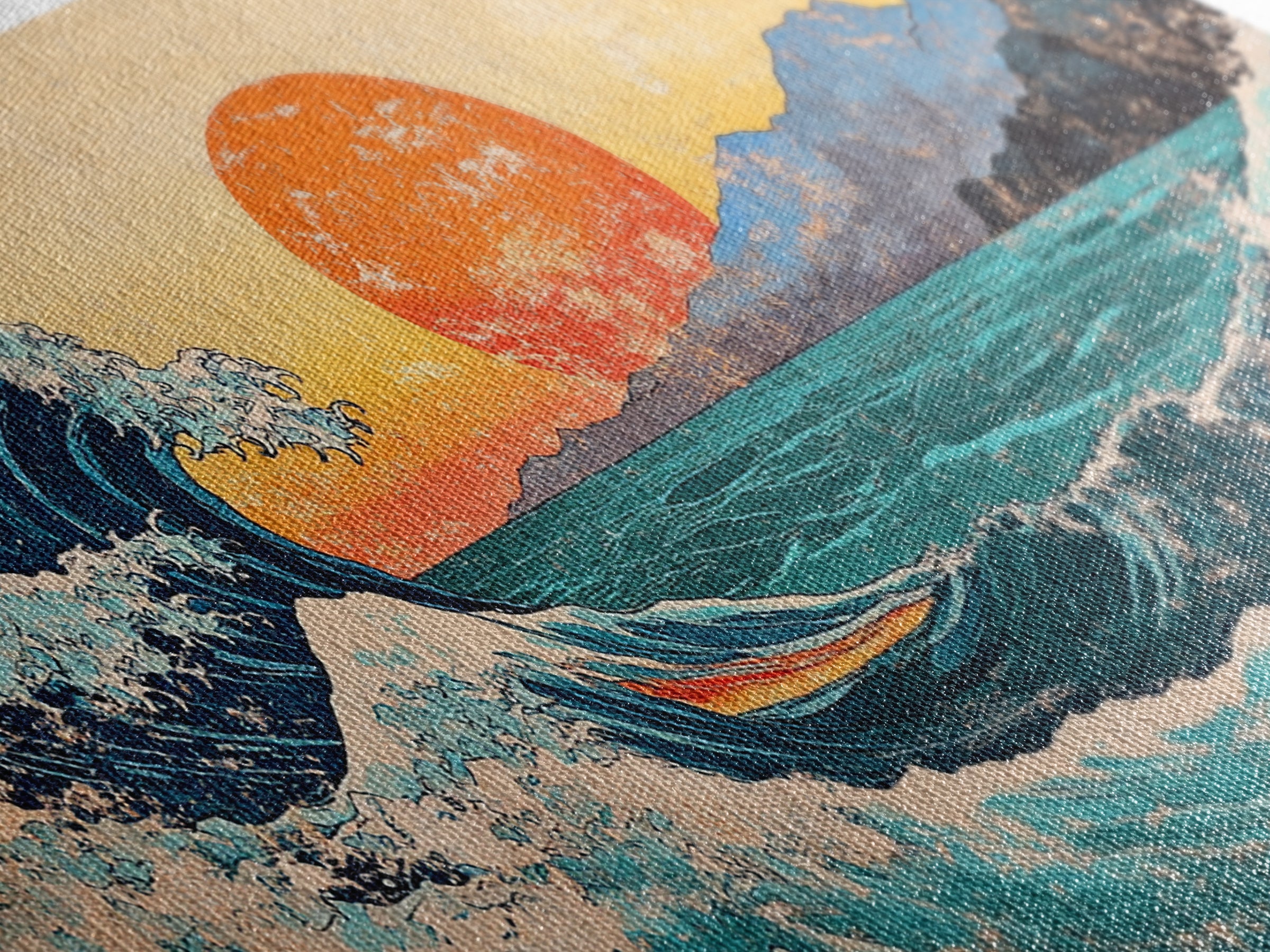Great Wave With Orange Sun Canvas Print, Japanese Ocean Wall Art, Coastal Landscape Decor For Living Room Above Sofa Housewarming Gift