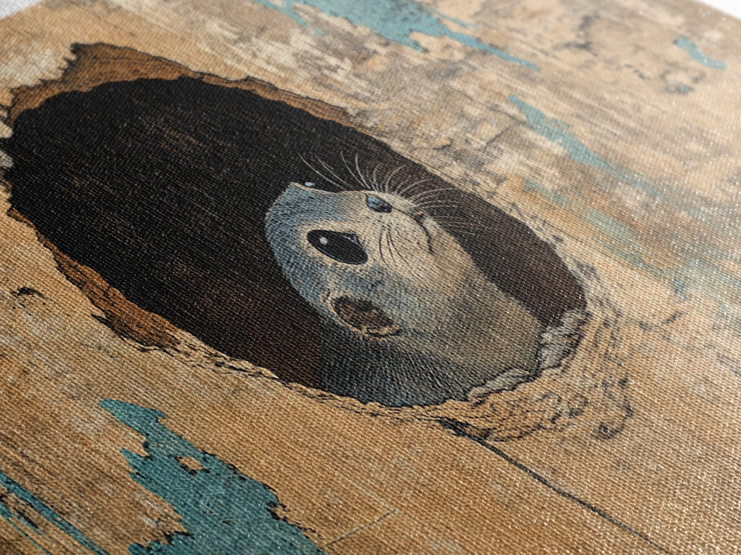 Curious Seal Peeking From Weathered Wall Art, Cute Coastal Animal Canvas Print, Nautical Bathroom Decor Gift For Ocean Lover