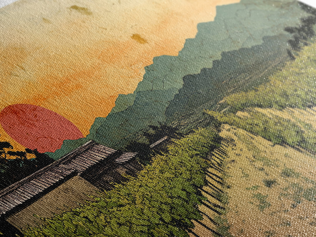 Sunset Vineyard Rows And Mountains Canvas Print, Winery Wall Art, Wine Country Decor, Rustic Landscape Art For Dining Room
