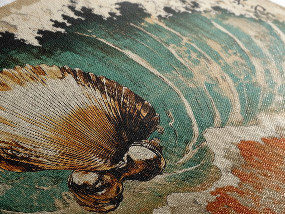 Scallop Shell In Crashing Wave Canvas Print, Japanese Coastal Wall Art, Nautical Ocean Decor, Seashell Art Print, Beach House Decor