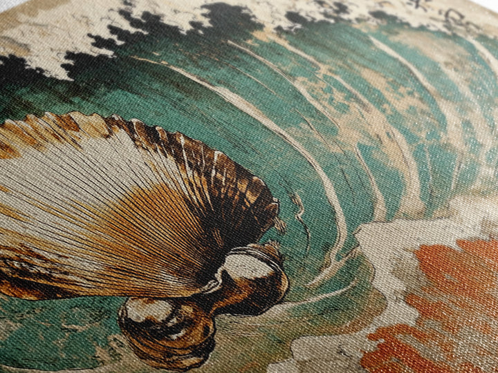 Scallop Shell In Crashing Wave Canvas Print, Japanese Coastal Wall Art, Nautical Ocean Decor, Seashell Art Print, Beach House Decor
