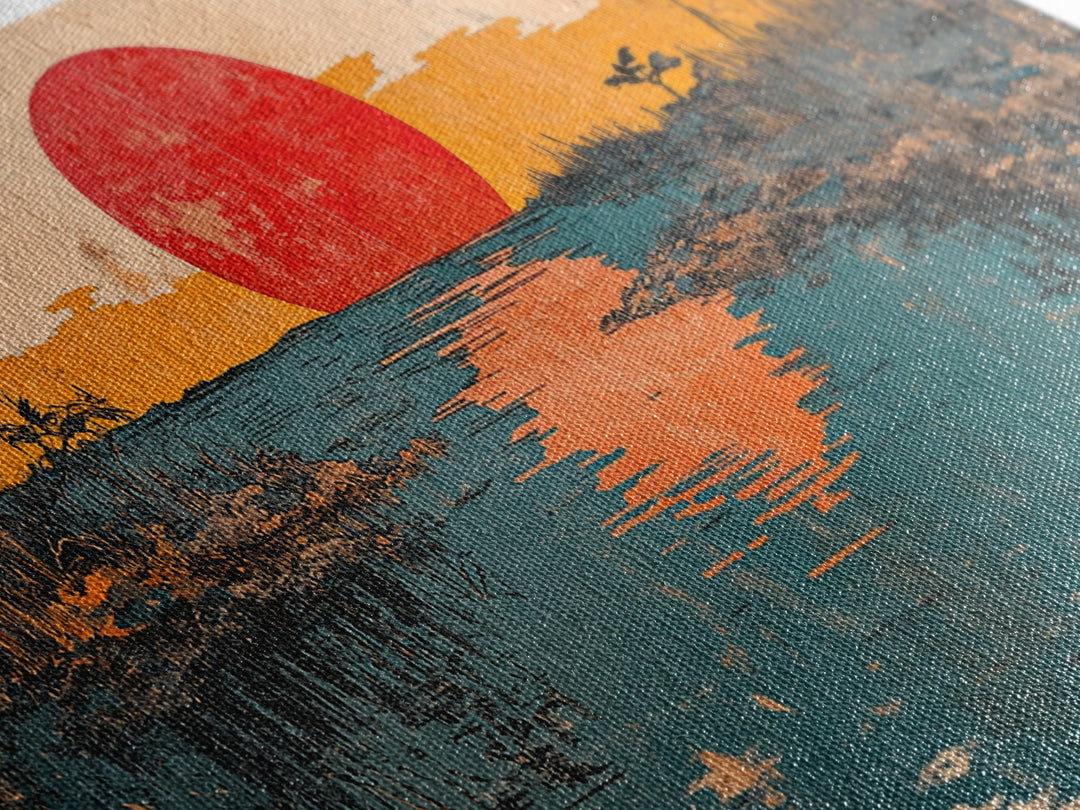 Red Sun Reflected In Marsh Water Canvas Print, Japanese Wall Art, Abstract Landscape, Zen Home Decor, Sunrise Wall Art, Japandi Decor