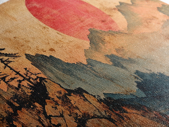 Red Sun Mountain Pines Wall Art, Japanese Landscape Canvas Print, Japandi Zen Home Decor, Asian Inspired Living Room Art