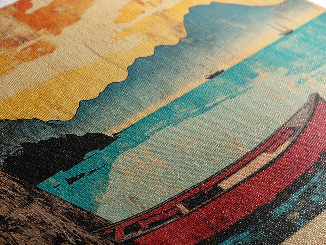 Red Boat On Turquoise Lake Framed Canvas Print, Japanese Landscape Wall Art, Orange Sunset Decor, Coastal Living Room Art