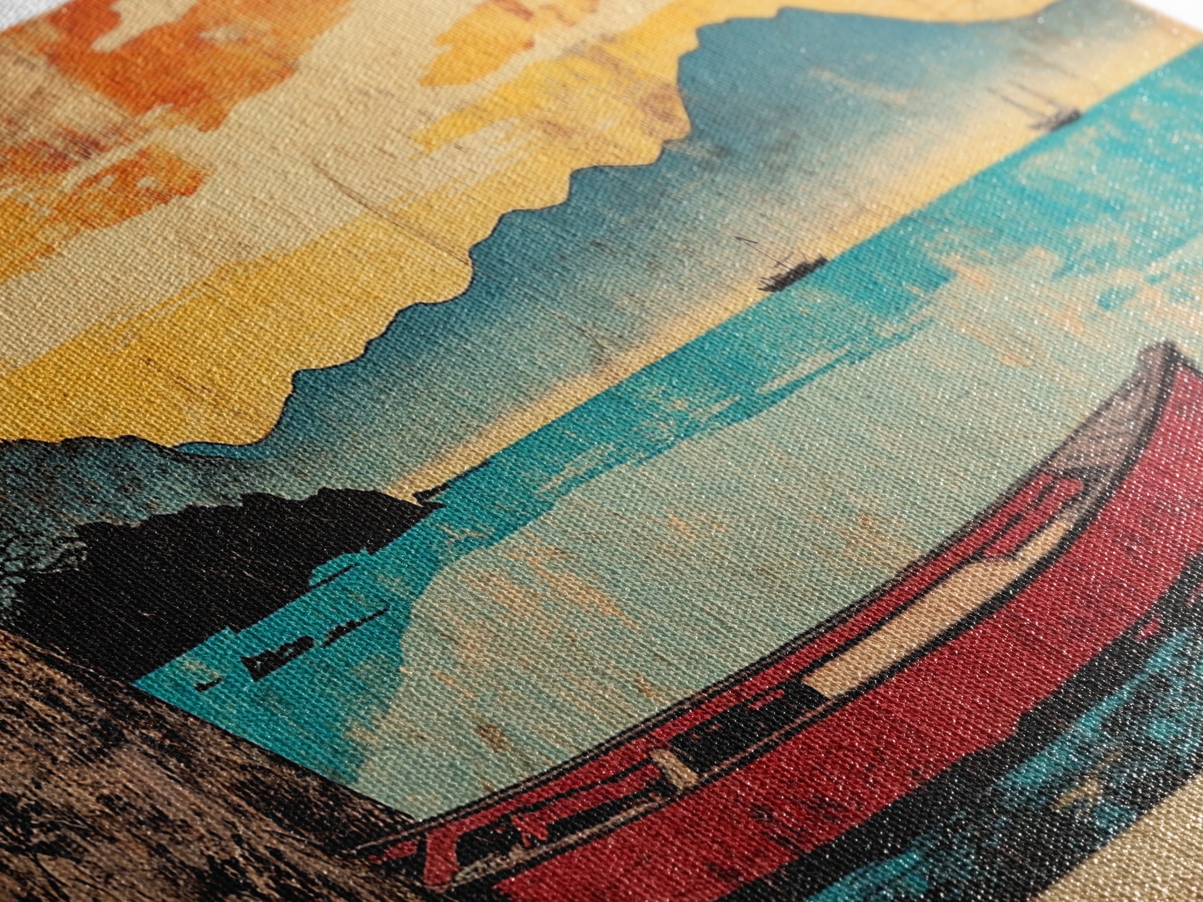 Red Boat On Turquoise Lake Framed Canvas Print, Japanese Landscape Wall Art, Orange Sunset Decor, Coastal Living Room Art