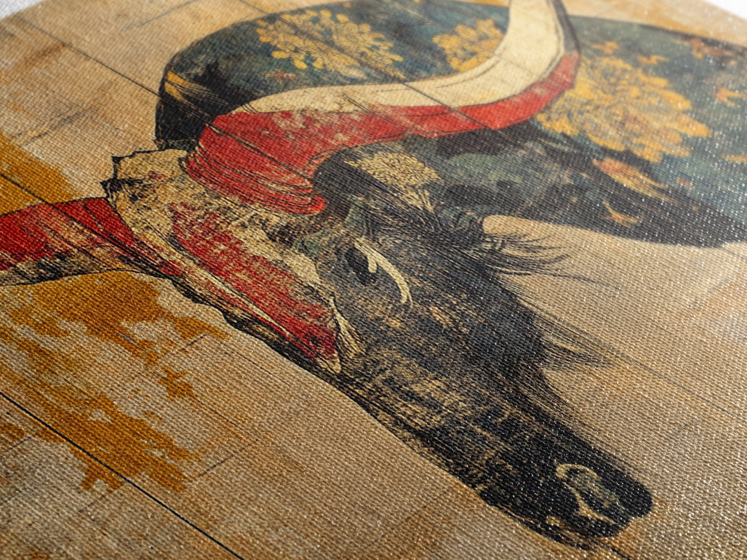 Longhorn Bull Horns Wall Art, Rustic Western Canvas Print, Southwestern Ranch Decor, Masculine Living Room Statement Art