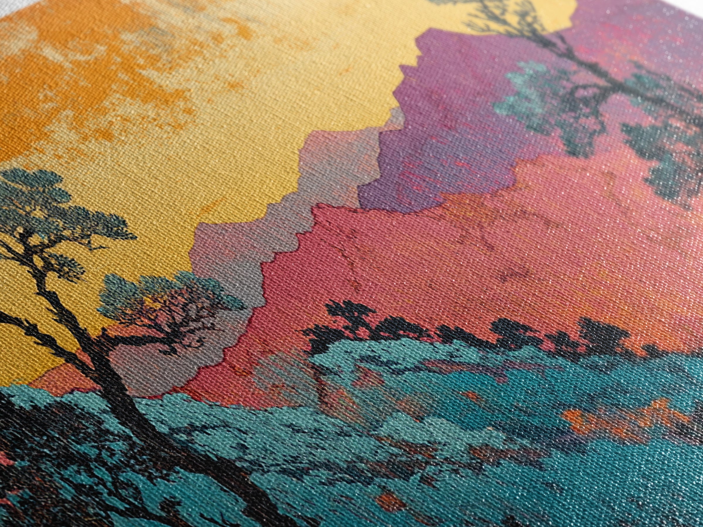 Teal And Purple Mountain Sunset Wall Art, Colorful Landscape Canvas, Southwestern Decor, Large Living Room Art Print, Housewarming Gift