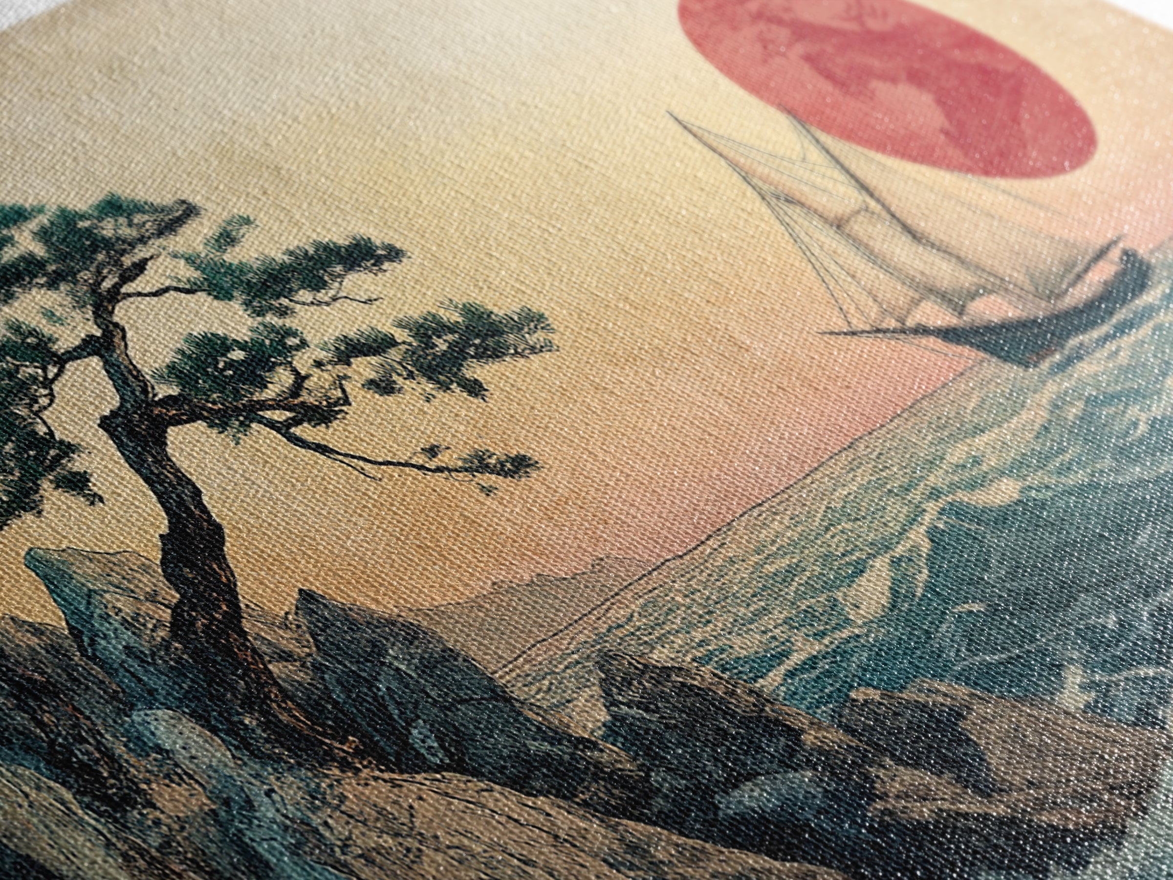 Japanese Sailboat And Red Sun Canvas Print, Coastal Wall Art, Ukiyo E Style Ocean Decor, Asian Inspired Art, Home Decor, Travel Poster
