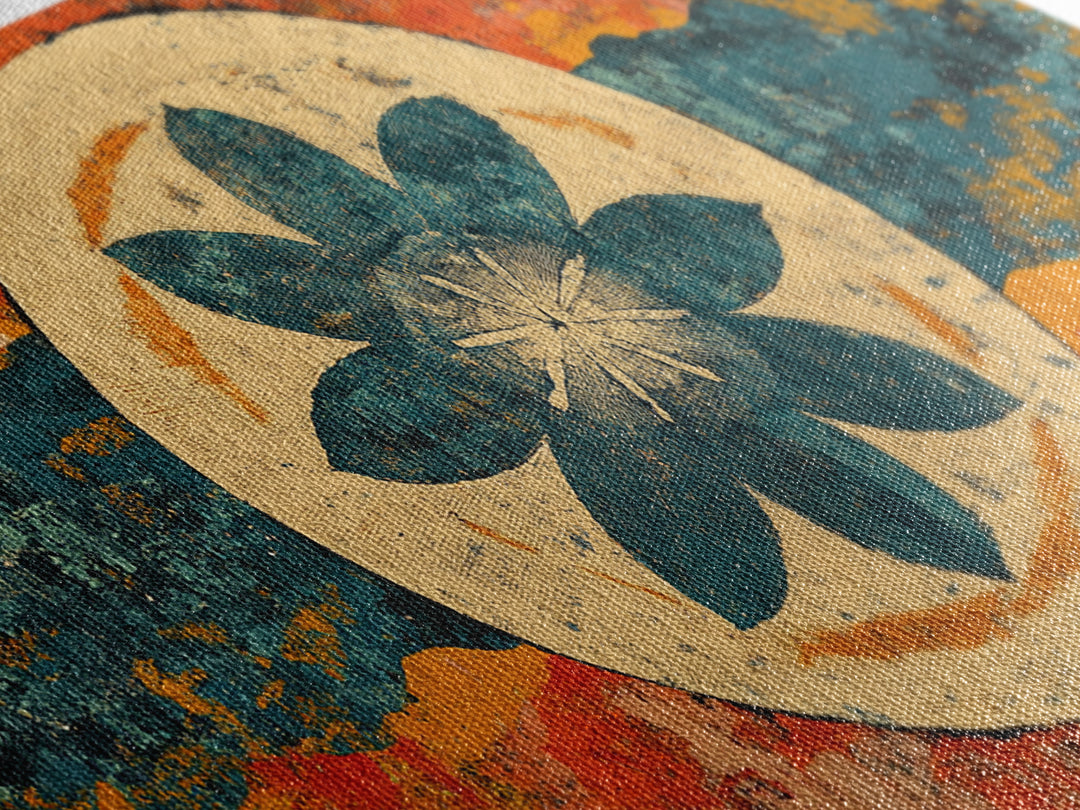 Teal Lotus Flower Circle Wall Art, Retro Abstract Canvas Print, Mid Century Modern Decor, Orange Blue Zen Home Decor, Statement Artwork