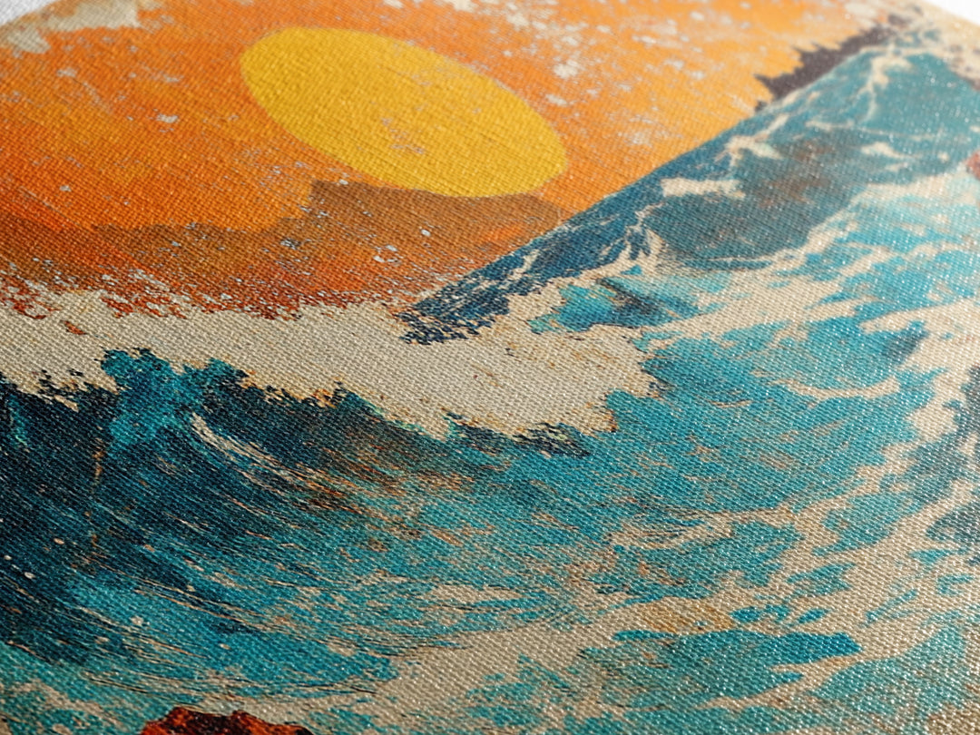 Rocky Ocean Sunset Wave Wall Art, Abstract Seascape Canvas Print, Coastal Living Room Decor, Beach House Home Decor, Large Wall Art