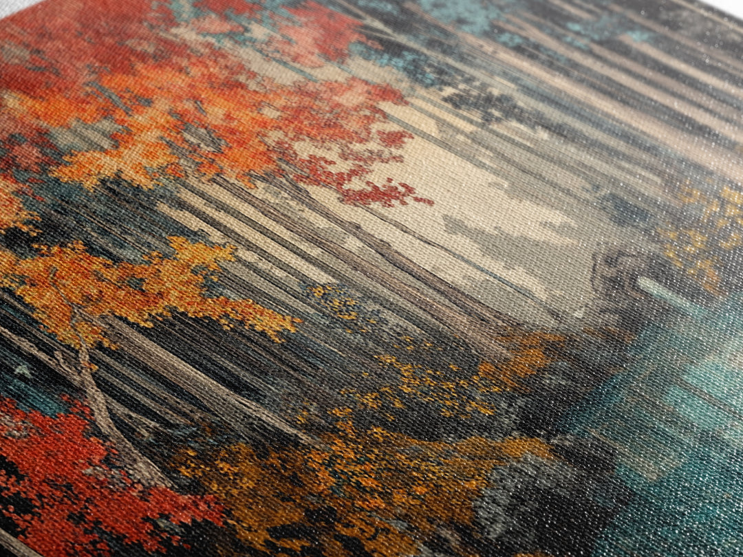 Autumn Forest River Wall Art, Japanese Landscape Canvas Print, Moody Woodland Decor, Large Living Room Wall Decor, Above Sofa Art