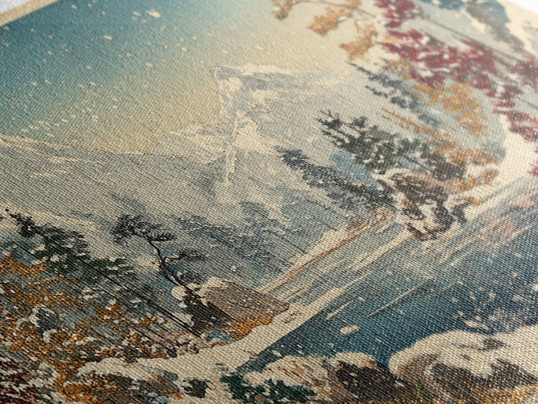 Snowy Mountain Lake With Pines And Falling Snow Wall Art, Winter Landscape Print, Japanese Nature Decor For Cabin Home Decor