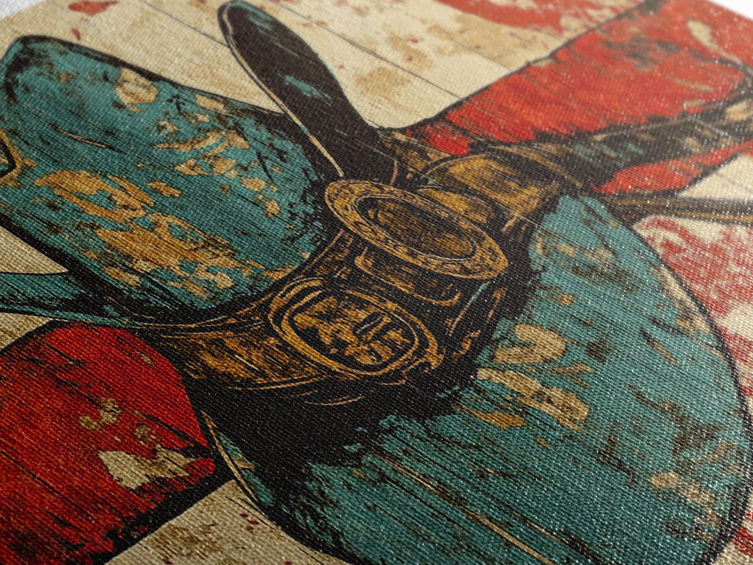Turquoise Cowboy Hat And Lasso On Rustic Wood Wall Art, Western Canvas Print, Ranch Living Room Decor, Gift For Horse Lover
