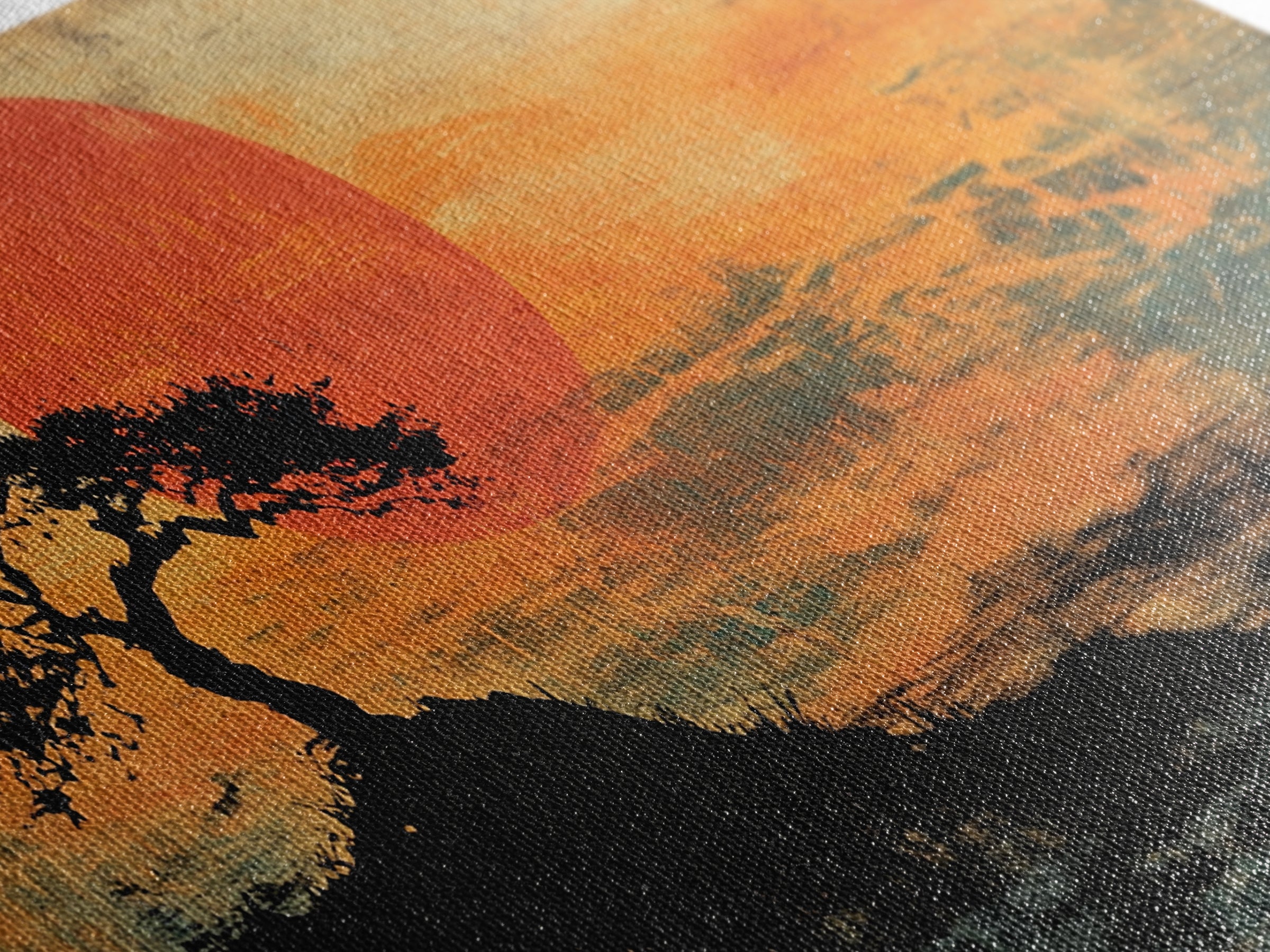 Solitary Tree Sunset Wall Art, Japanese Landscape Print, Moody Orange Coastal Decor, Panoramic Canvas Print For Living Room