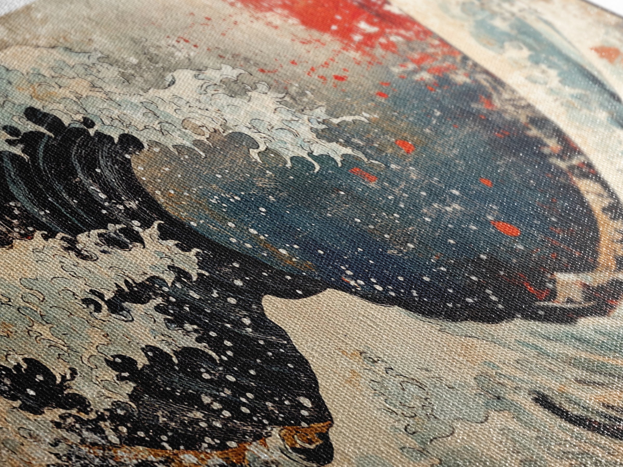 Great Wave With Red Sun Canvas Print, Japanese Ocean Wall Art, Hokusai Inspired Seascape, Coastal Living Room Decor Gift