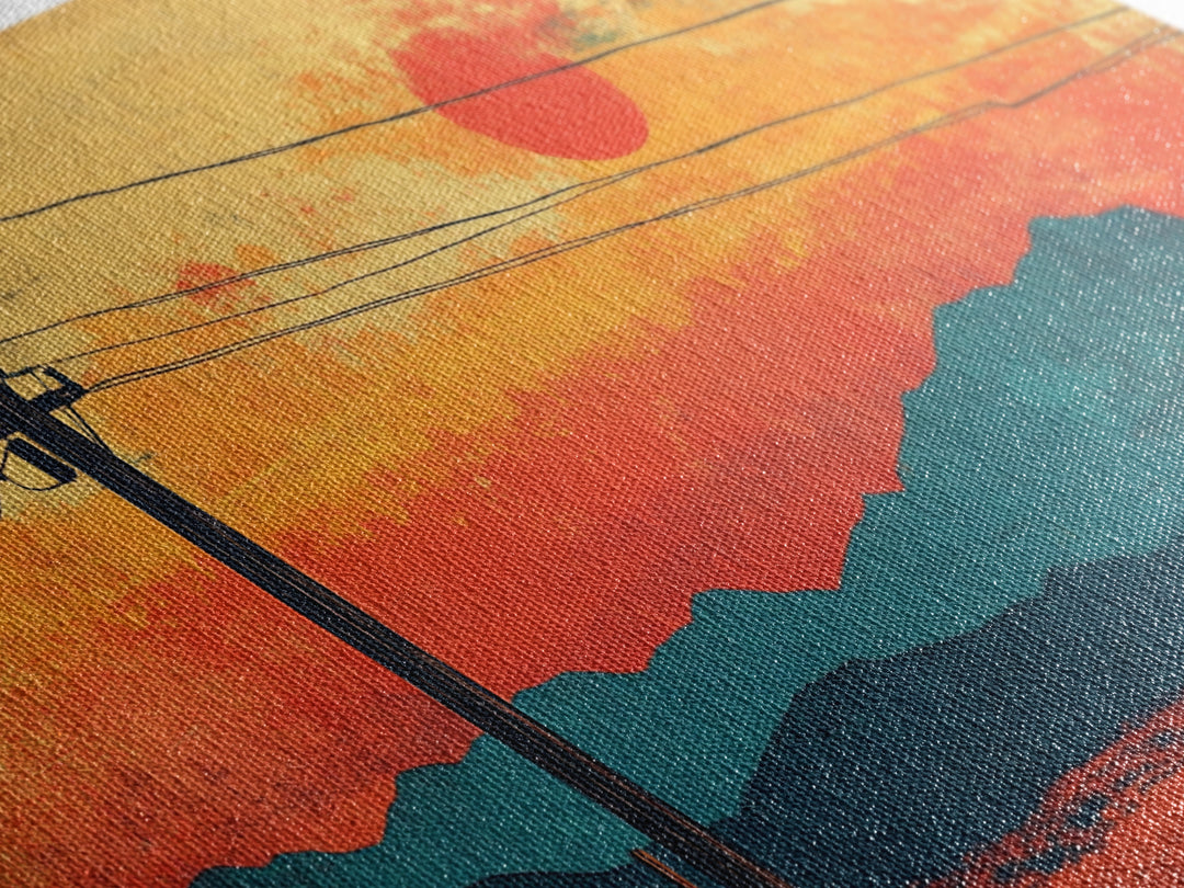 Telephone Poles At Orange Desert Sunset Wall Art, Retro Japanese Landscape Print, Mountain Decor, Mid Century Canvas Print