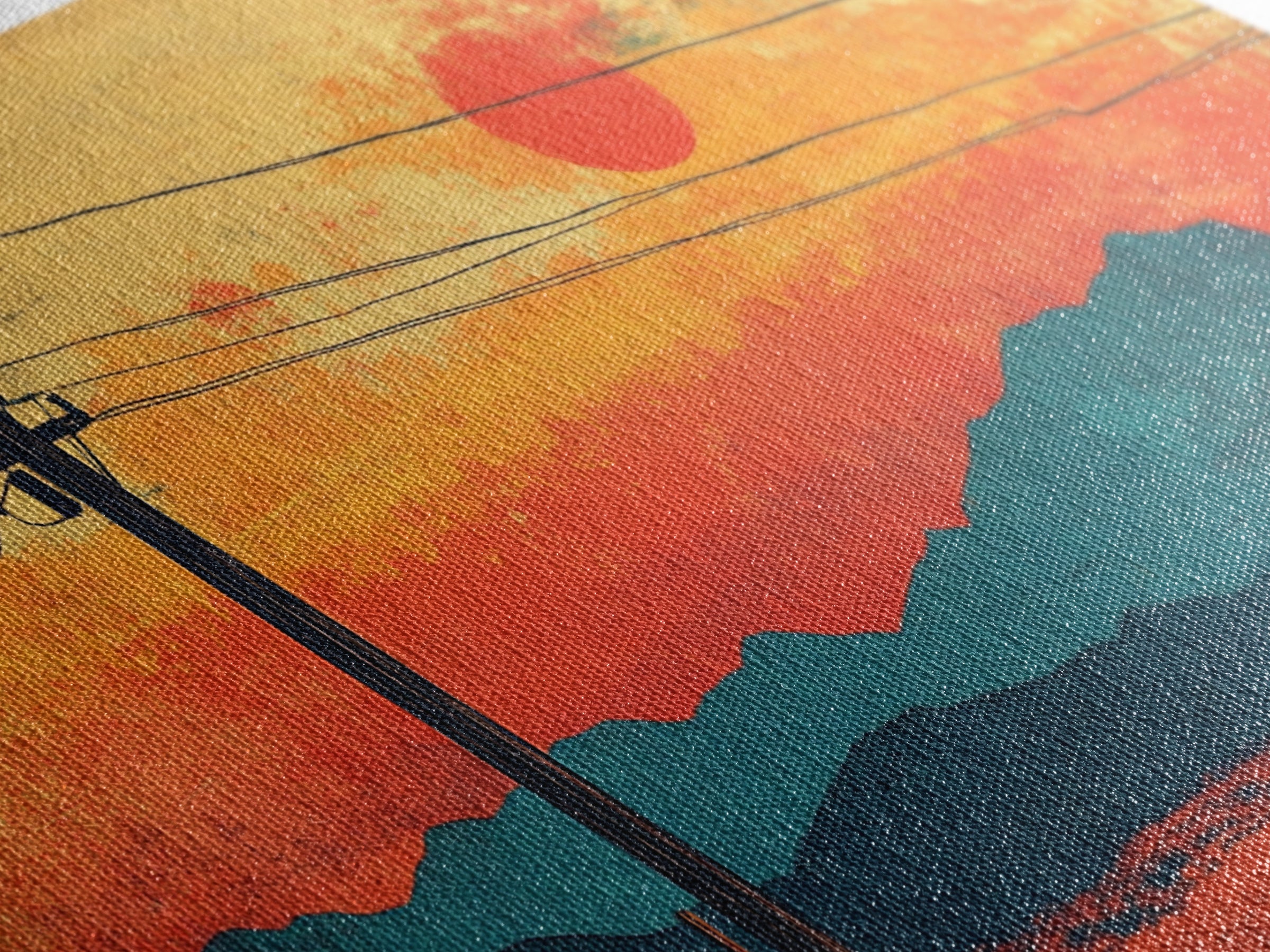 Telephone Poles At Orange Desert Sunset Wall Art, Retro Japanese Landscape Print, Mountain Decor, Mid Century Canvas Print