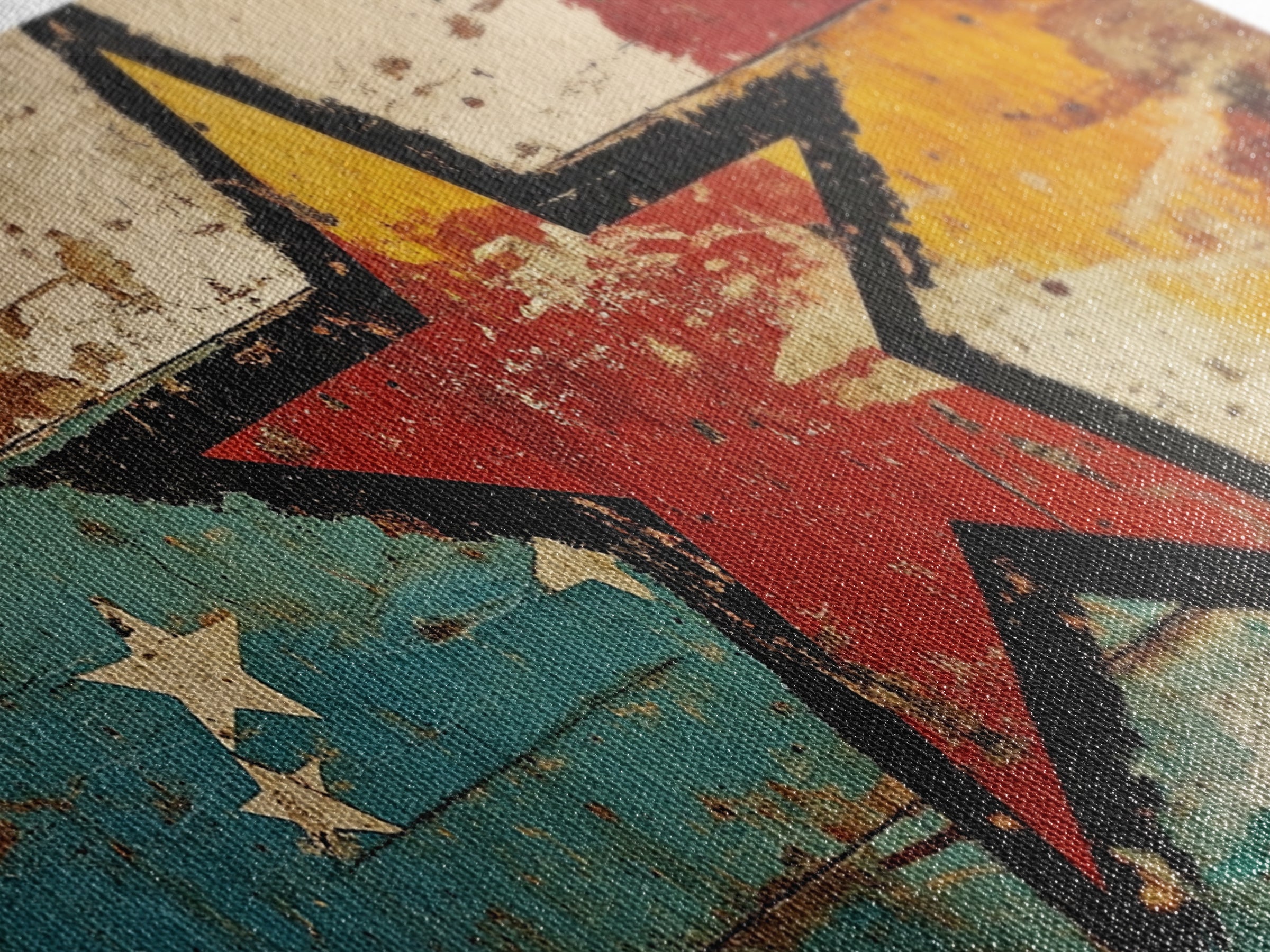 Distressed Red Star On Teal And Gold Abstract Wall Art, Retro Americana Canvas Print, Bold Rustic Home Decor For Man Cave Or Office
