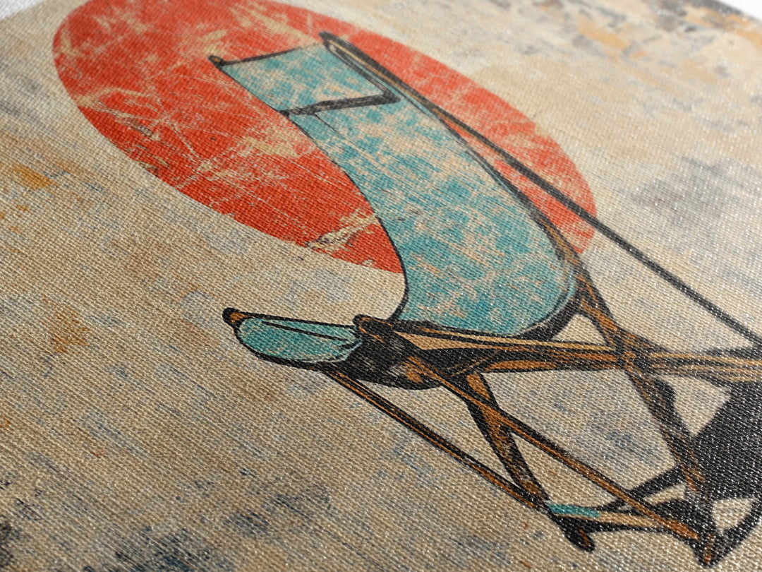Turquoise Beach Chair In Front Of Red Sun Wall Art, Retro Coastal Canvas Print, Summer Beach House Decor For Patio And Living Room