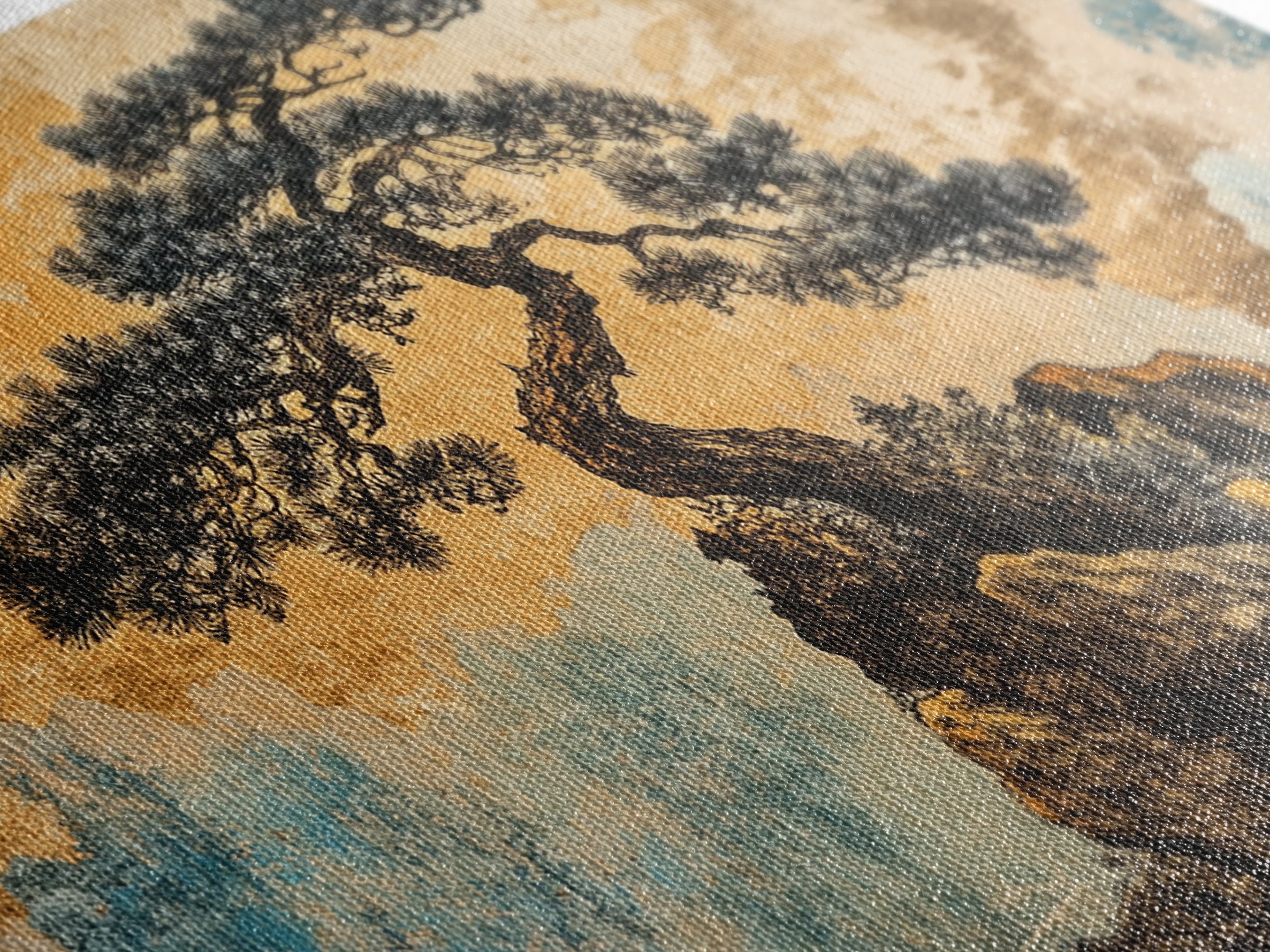 Twisted Bonsai On Golden Cliff Wall Art, Japanese Zen Landscape Print, Asian Inspired Decor, Teal Gold Living Room Art Print