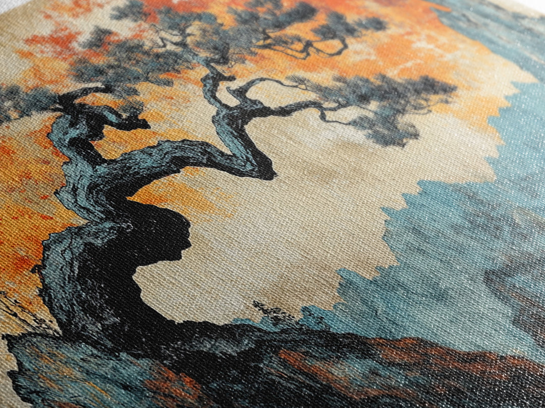 Windswept Pine Over Misty Blue Mountains Wall Art, Asian Landscape Print, Orange Sky Japandi Decor, Large Canvas Print Decor