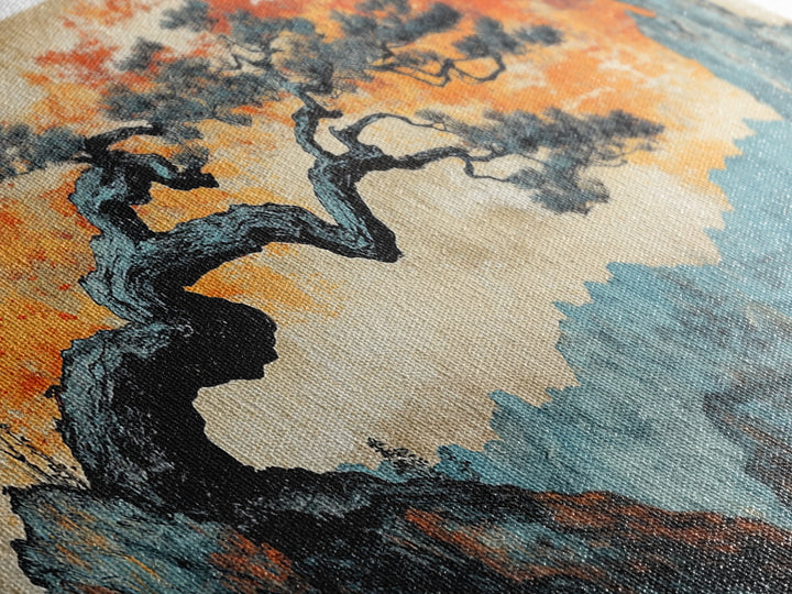 Windswept Pine Over Misty Blue Mountains Wall Art, Asian Landscape Print, Orange Sky Japandi Decor, Large Canvas Print Decor