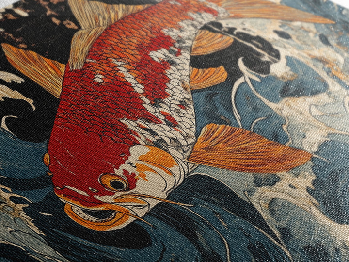Red Koi Fish Swimming Through Stormy Waves Wall Art, Japanese Coastal Canvas Print, Nautical Living Room Decor Gift For Him