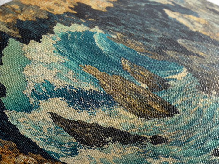 Crashing Ocean Wave Inside Rocky Cave Wall Art, Japanese Seascape Canvas Print, Coastal Nautical Living Room Decor Gift For Her