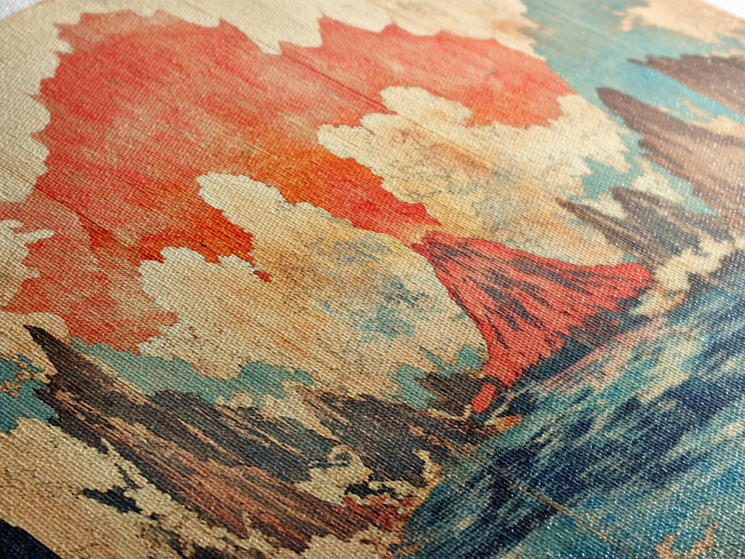 Erupting Red Volcano On Blue Mountain Lake Wall Art, Japanese Landscape Canvas Print, Dramatic Nature Living Room Decor Gift