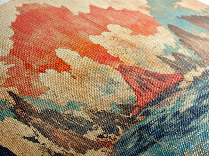 Erupting Red Volcano On Blue Mountain Lake Wall Art, Japanese Landscape Canvas Print, Dramatic Nature Living Room Decor Gift