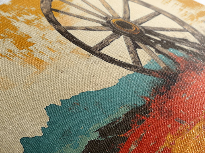 Rustic Wagon Wheel Desert Landscape Wall Art, Western Canvas Print, Southwestern Decor, Ranch House Living Room Art, Above Sofa Decor