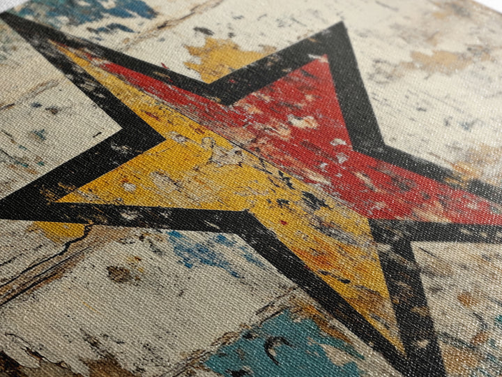 Distressed Red Yellow Star Wall Art, Rustic Americana Canvas Print, Farmhouse Wall Decor, Game Room Decor, Unique Gift For Him