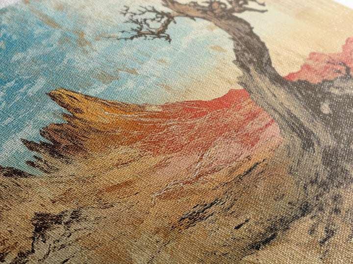 Leaning Juniper And Red Desert Mesa Wall Art, Southwestern Landscape Canvas Print For Rustic Home Decor And Office Decor