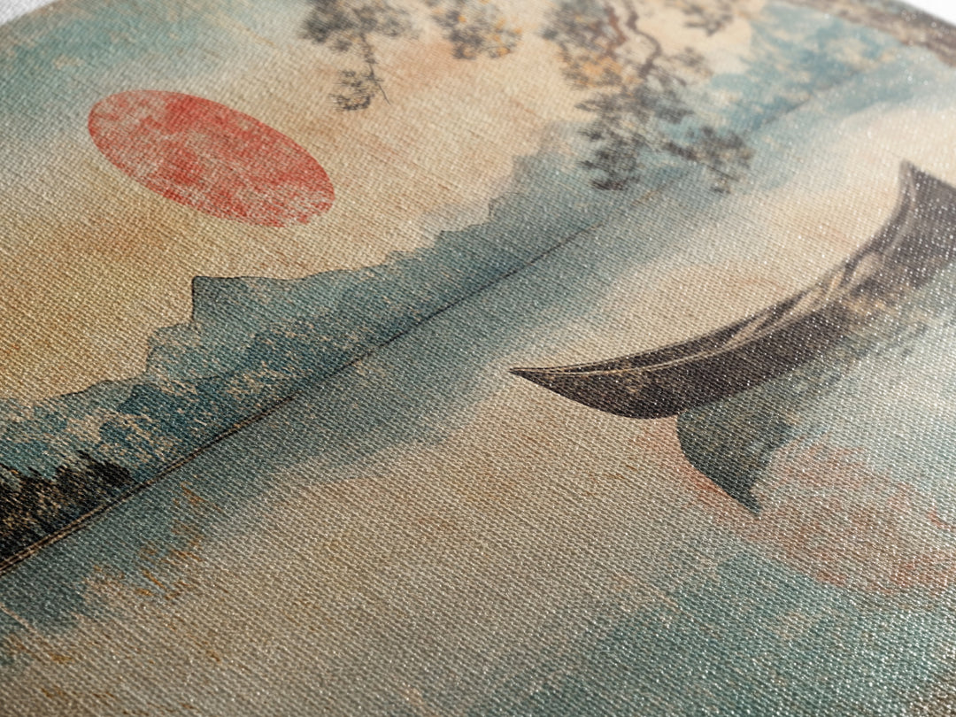 Quiet Canoe On Misty Mountain Lake Wall Art, Japanese Landscape Print, Serene Nature Home Decor, Above Bed Horizontal Art