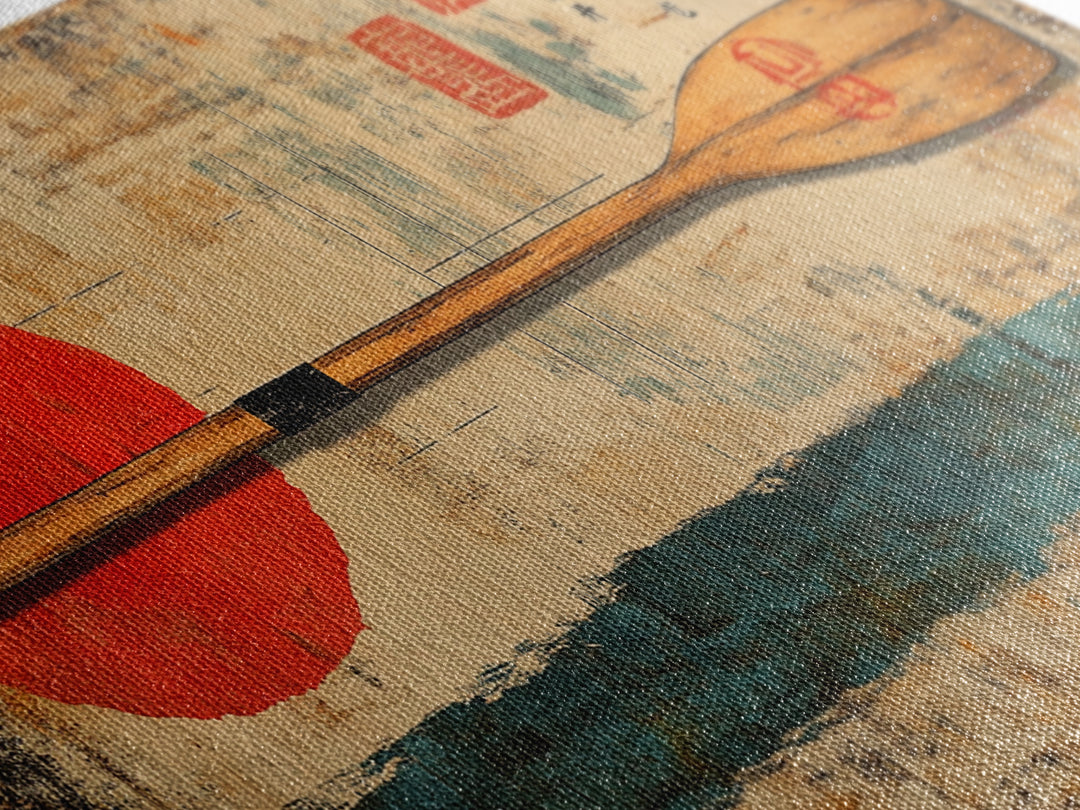 Wooden Canoe Paddle With Red Sun Canvas Print, Japanese Wall Art, Rustic Nautical Decor, Lake House Gift, Long Horizontal Art